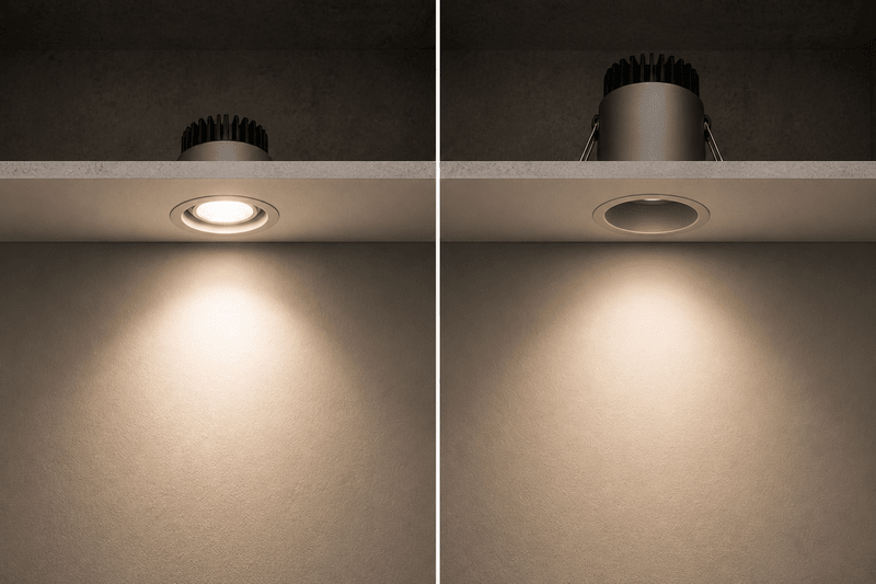 Vergleich von Deckeneinbauleuchten mit unterschiedlicher Einbautiefe und Entblendung, die verschiedene Lichtkegel und Wandwirkungen erzeugen